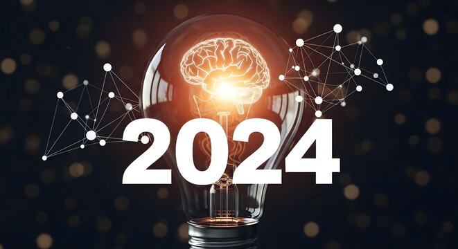 Illuminated Brain Inside Light Bulb with 2024 Year and Network Connections.