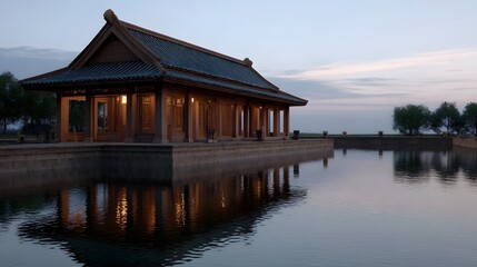 Fototapeta premium Traditional East Asian water pavilion reflected in calm water at dusk