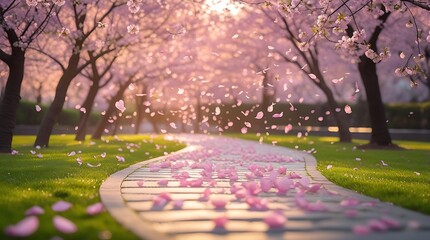 Photo of a serene Cherry blossom park with delicate pink petals falling gently in the wind, a winding clean stone path lined with lush green grass, soft warm golden light.