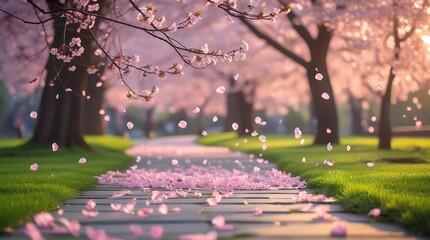A photo of a serene Cherry blossom park with delicate pink petals falling gently in the wind, a winding clean stone path lined with lush green grass, soft warm golden light.