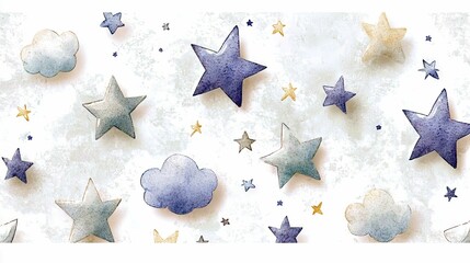 A seamless pattern of watercolor painted stars and clouds in various sizes and shades of blue, grey, and yellow against a textured white background.