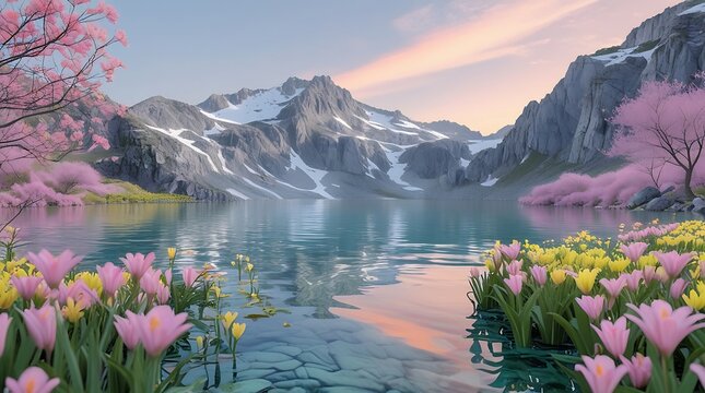 A photo of a serene Clear mountain lake surrounded by vibrant blooming spring flowers with delicate petals in shades of pink and yellow, calm reflective water mirroring the surrounding.