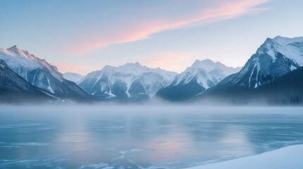 A photo of a serene Frozen lake surrounded by majestic snowy mountains with rugged peaks, under a soft pastel winter sky with hues of pale blue and pink.