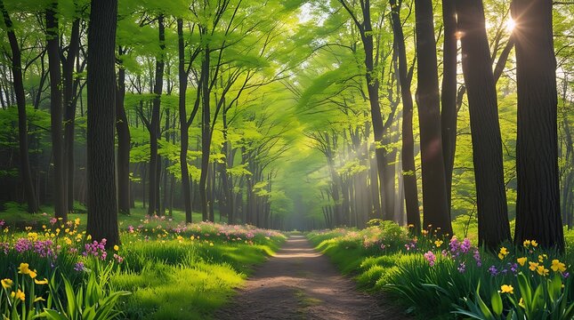 A photo of a serene spring forest pathway surrounded by towering trees with fresh green leaves that are slightly swaying in the gentle breeze, warm sunlight rays filtering through jungle.