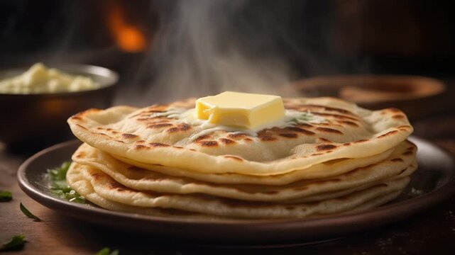 Warm flatbread rolls (roti canai or paratha) stacked slightly offset, butter brushed on top melting slowly, soft steam rising, and layered dough textures visible.
