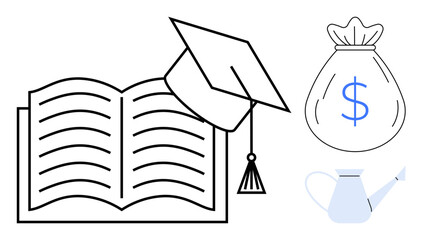 Open book with graduation cap, money bag, and watering can symbolizing knowledge, financial investment, student loans, academic success, wealth growth, empowerment and education. Ideal for learning