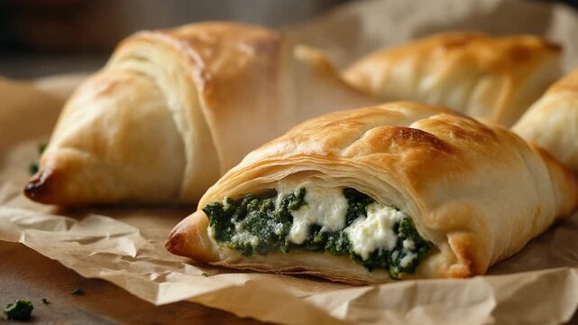 Spinach and cheese fatayer pies on parchment: golden-brown dough, visible green spinach and white cheese through seams, slight puffing, and warm aroma implied by steam.