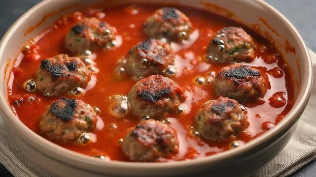 Kofta meatballs in tomato sauce in a ceramic bowl, rich red sauce bubbling gently, meatballs showing charred texture, and tiny olive oil bubbles forming on top.