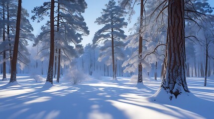 Photograph of a snow-covered pine forest bathed in bright winter sunlight, with crisp blue shadows stretching across the forest floor.