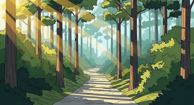 peaceful forest path surrounded by tall trees and dense green foliage, with warm sunlight streaming through the canopy and casting soft shadows on the ground.