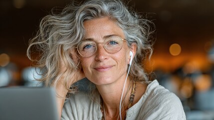 Happy mature woman in hybrid office participates in business meeting or digital conference call using laptop, wearing headphones at desk