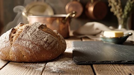 Rustic loaf of bread on wooden table, cozy kitchen setting with warm tones, autumn harvest vibe with artisanal ingredients
