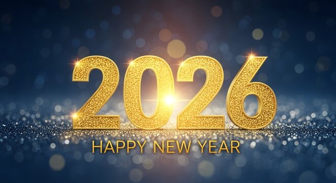 Golden glittering 2026 new year celebration with bokeh lights and reflection