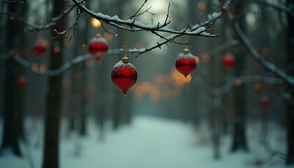 A classic retro Christmas background, soft film grain, muted red and green tones, warm nostalgic glow, vintage holiday charm, depicting a snowy forest scene with vintage ornaments hanging from bare 