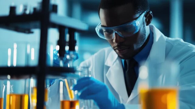 Video A scientist in a lab coat and goggles conducting experiments in a laboratory setting