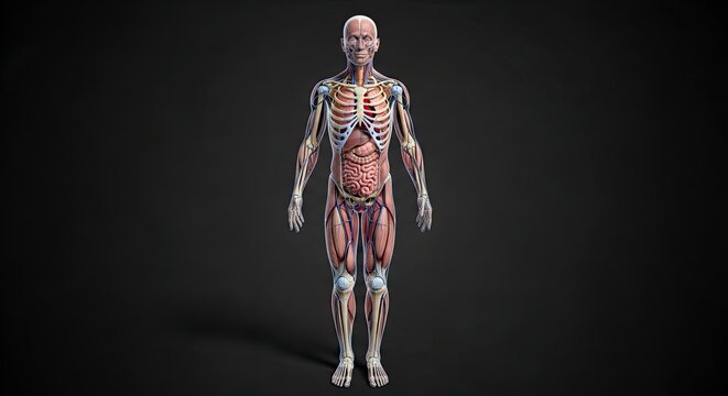 Full Body Human Anatomy Showing Skeletal Muscular and Digestive Systems in Medical Illustration Educational Visual for Healthcare Professionals on Dark Background is 200 Characters