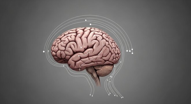 Human Brain with Cybernetic Futuristic Neural Network Circuitry Illustrating Cognitive Function and Digital Connection on Gradient Gray Background is 200 Characters