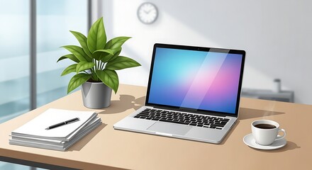clean and modern workspace featuring an open laptop, a stack of papers with a pen, a potted plant, and a steaming cup of coffee on a light-colored desk.