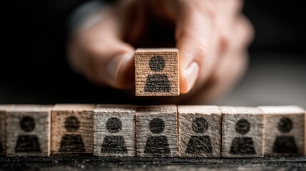 Building a strong individual presence for success, businessman adding the last wood block to the group for new business opportunities and recognition