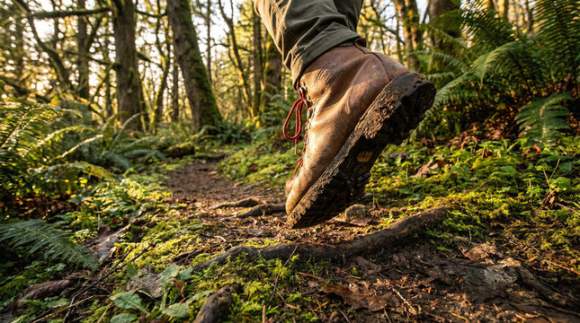 A close-up of a hiking boot on a forest trail, surrounded by lush greenery and sunlight. Great for nature blogs or hiking guides. - Powered by Adobe
