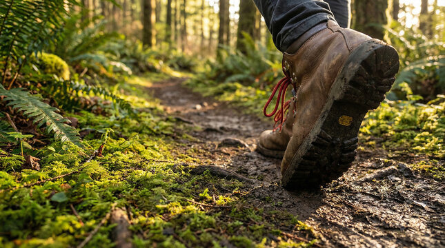 A hiker's boot stepping on a mossy forest path, enveloped by greenery. Perfect for outdoor activity promotions or fitness content.