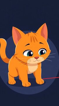 Cute Orange Cartoon Kitten Chasing Red Laser Pointer Dot