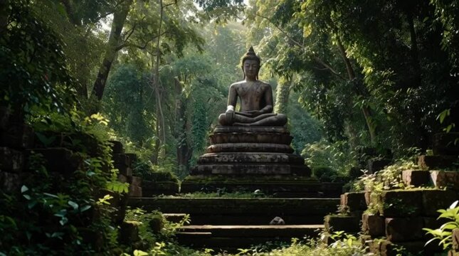 Patung Budha Kuno di Reruntuhan Kuil Hutan
