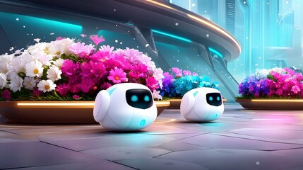 Two small, white, spherical robots with glowing blue eyes and accents are positioned on a tiled floor in front of planters overflowing with vibrant pink, white,
