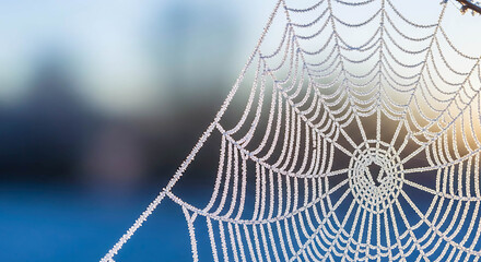 Frost-covered spider web glimmering in morning sunlight