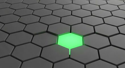 Glowing green hexagon standing out from a dark gray honeycomb pattern