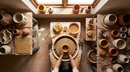 Overhead view of a pottery workshop where clay is shaped on a wheel, ideal for art blogs or craft tutorials.