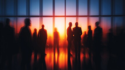 Silhouettes of professionals networking at sunset in modern office