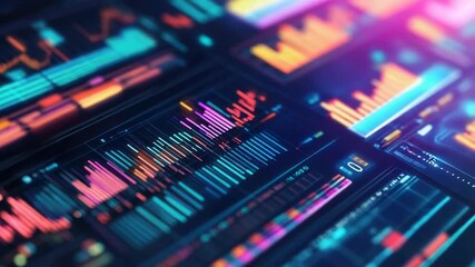 Video A close-up view of a computer screen showing multiple graphs and data visualizations - Powered by Adobe