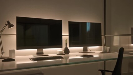 A tidy work desk setup with dual monitors, minimalist desk accessories, ambient LED light strips casting soft gradients, and gentle reflections on glass and metal surfaces. - Powered by Adobe
