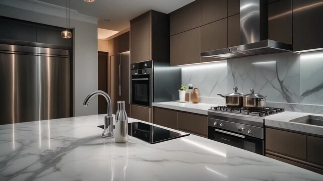 A premium kitchen setup with slab marble countertops, seamless cabinetry, chrome fixtures catching reflections, and ambient light gliding gently across smooth surfaces.