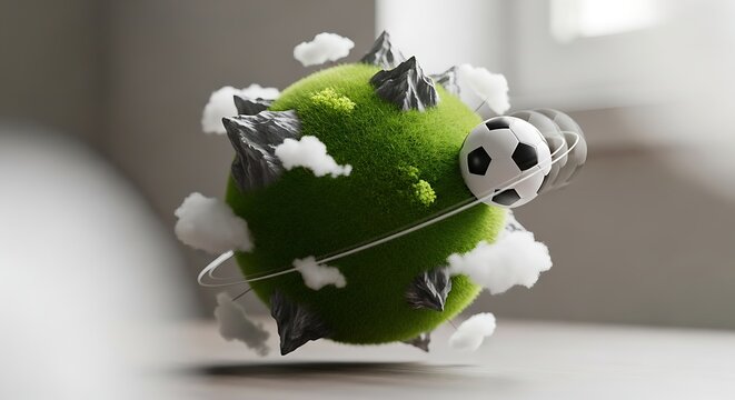 Miniature 3d planet earth covered in green moss with sharp mountain peak and small cloud floating around with soccer ball flying by - Powered by Adobe