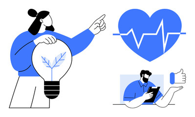 Person holding light bulb symbolizing ideas, blue heart with heartbeat line, professional writing on clipboard, and thumbs-up gesture. Ideal for healthcare, innovation, creativity, teamwork