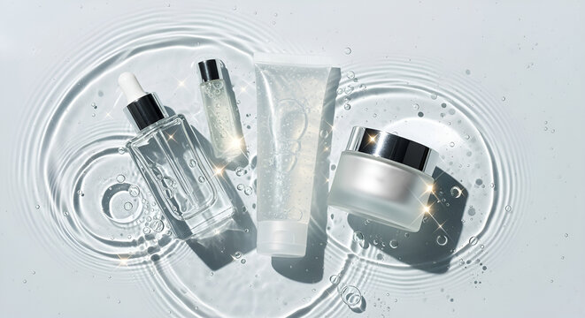 A refreshing beauty composition featuring skincare products placed on a clear water surface with soft ripples. Include a glass serum bottle, a translucent gel tube, and a frosted cream jar. Water ripp