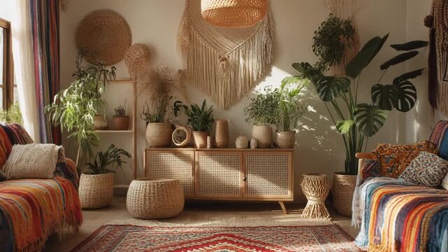A warm boho interior with woven textures, patterned rugs, potted plants arranged symmetrically, and soft natural brightness shifting across colorful fabrics.
