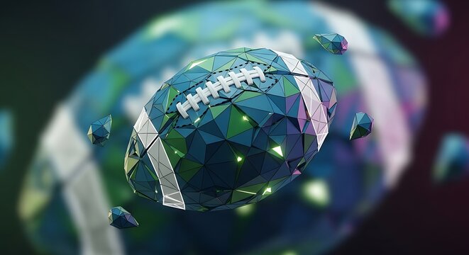 Abstract low poly digital american football floating in dark space with glowing geometric shards and bokeh effect - Powered by Adobe