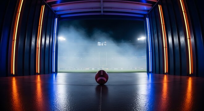 A single soccer ball sits on a wet floor in a dark tunnel leading out to a brightly lit stadium field with smoke