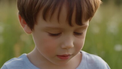 Boy child blowing bubbles in a summer field, soft skin texture, realistic hair strands, bubble play.