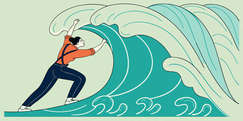 businessman pushing against large turquoise wave illustration showing metaphor for overcoming business challenges adversity and obstacles in minimalist modern artistic style