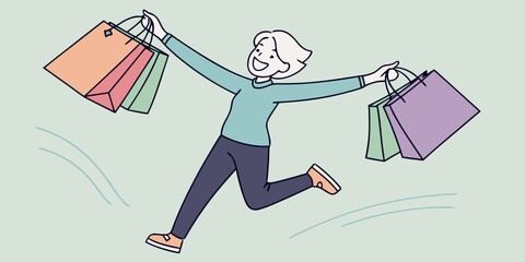 happy person jumping with colorful shopping bags in minimalist illustration showing joy excitement and retail therapy satisfaction with dynamic movement and playful energy