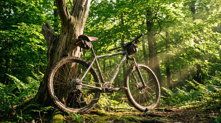 Mountain bike rests against a tree in a lush forest, perfect for outdoor adventure and nature-themed projects.
