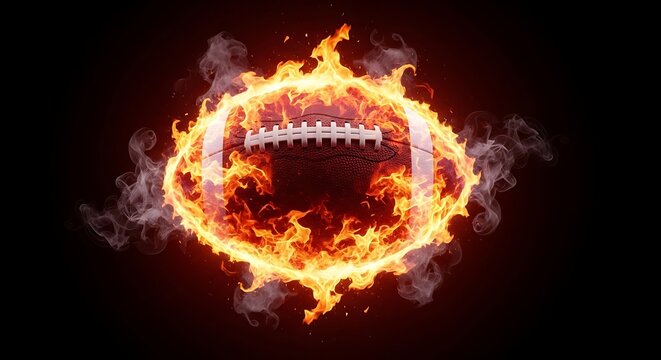 Fiery american football engulfed in bright orange flame and smoke against a dark black background, symbolizing intensity and passion
