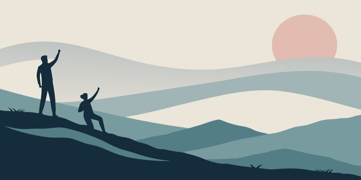 minimalist mountain landscape with silhouetted figures at sunset featuring layered hills in muted blue gray and coral tones showing hiking adventure and mentorship journey scene