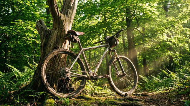 Mountain bike rests against a tree in a lush forest, perfect for outdoor adventure and nature-themed projects. - Powered by Adobe