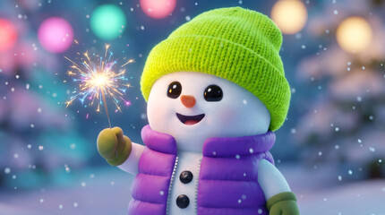 Cute snowman holding a festive sparkler for a holiday celebration. Happy cartoon character in a winter scene with snow and colorful bokeh lights
