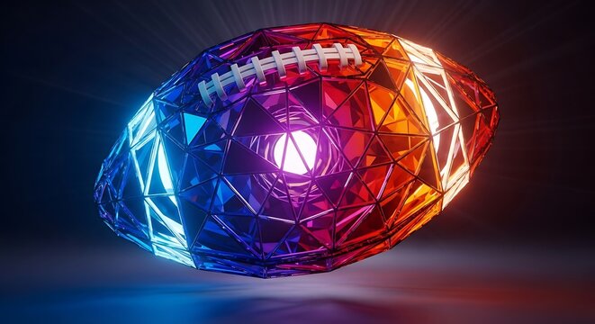 Futuristic glowing crystal football with vibrant neon light emanating from its geometric surface against a dark background